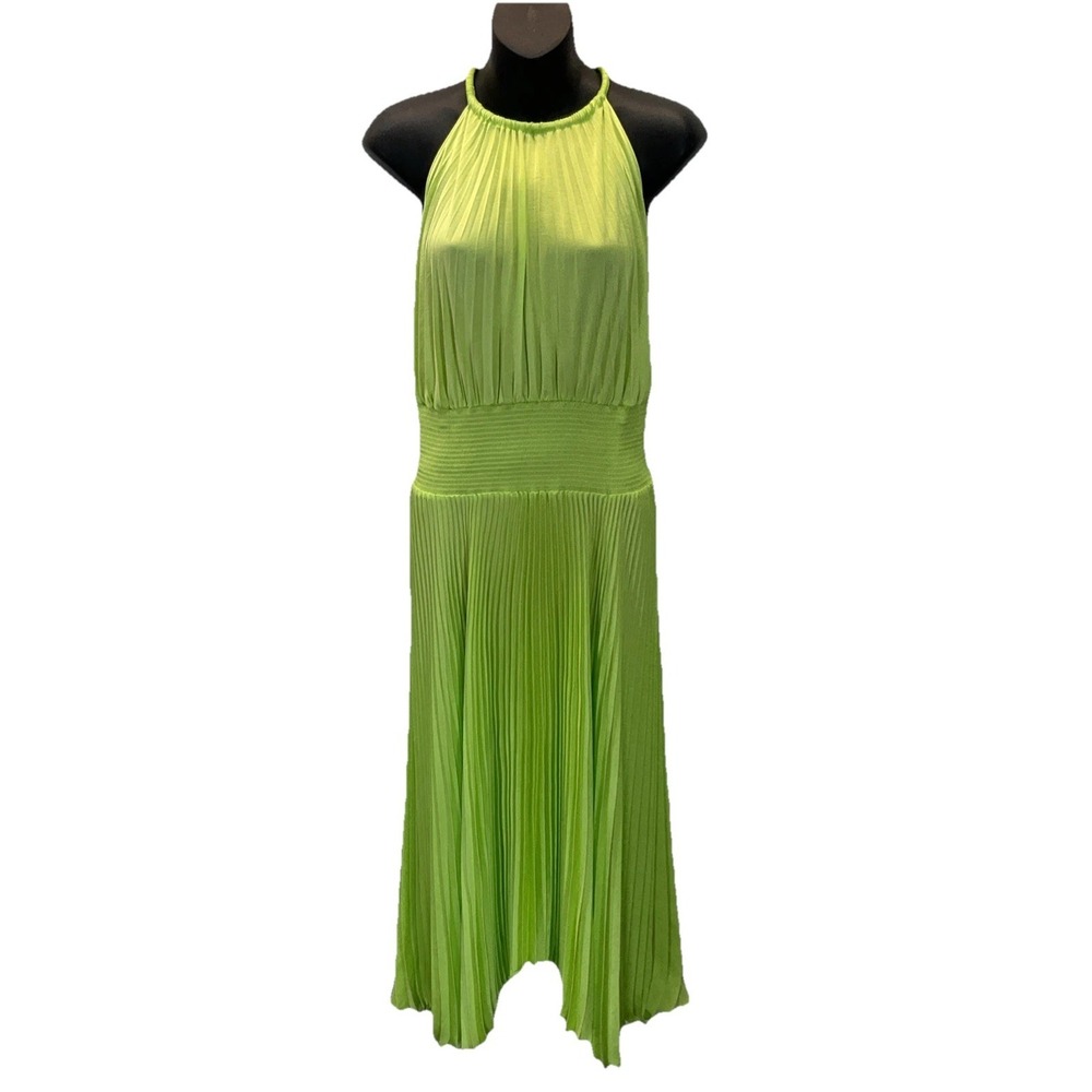 A.L.C. Chartreuse Green halter Renzo Pleated Hi-Low‎ Midi Dress Size 14